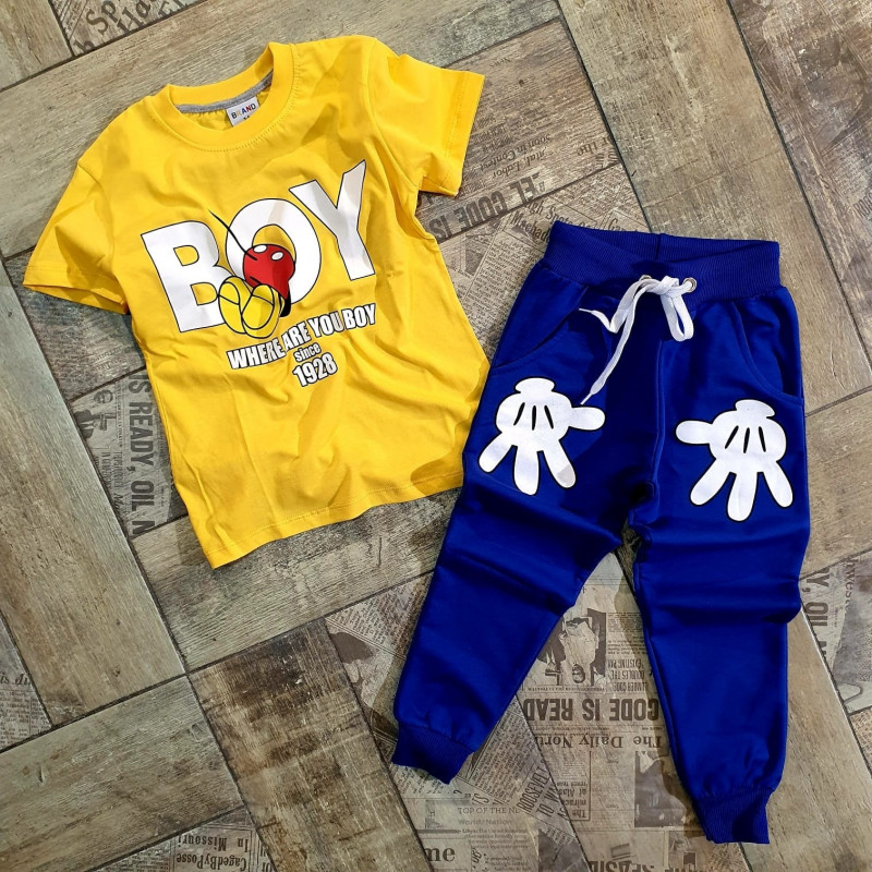 Set copii pentru un baiat pantaloni din doua piese cu tricou de culoare albastru si galben